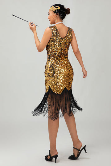 Sparkly nero dorato scollo a V Bodycon 1920s abito con frange